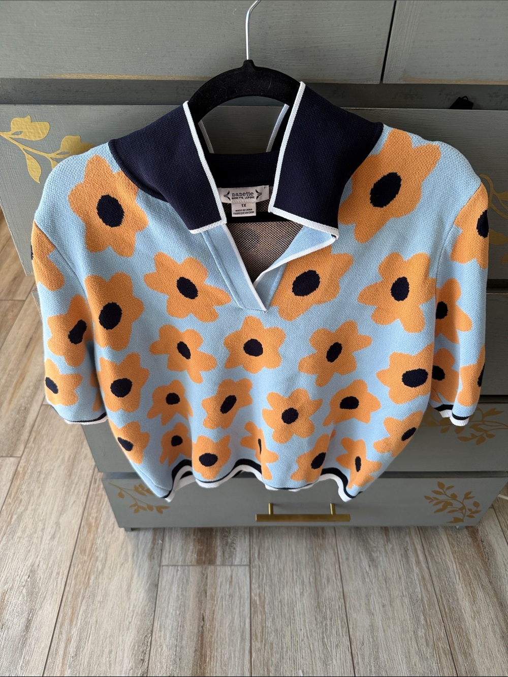 Nanette Lepore Light Blue V-Neck Sweater with Orange Floral Pattern